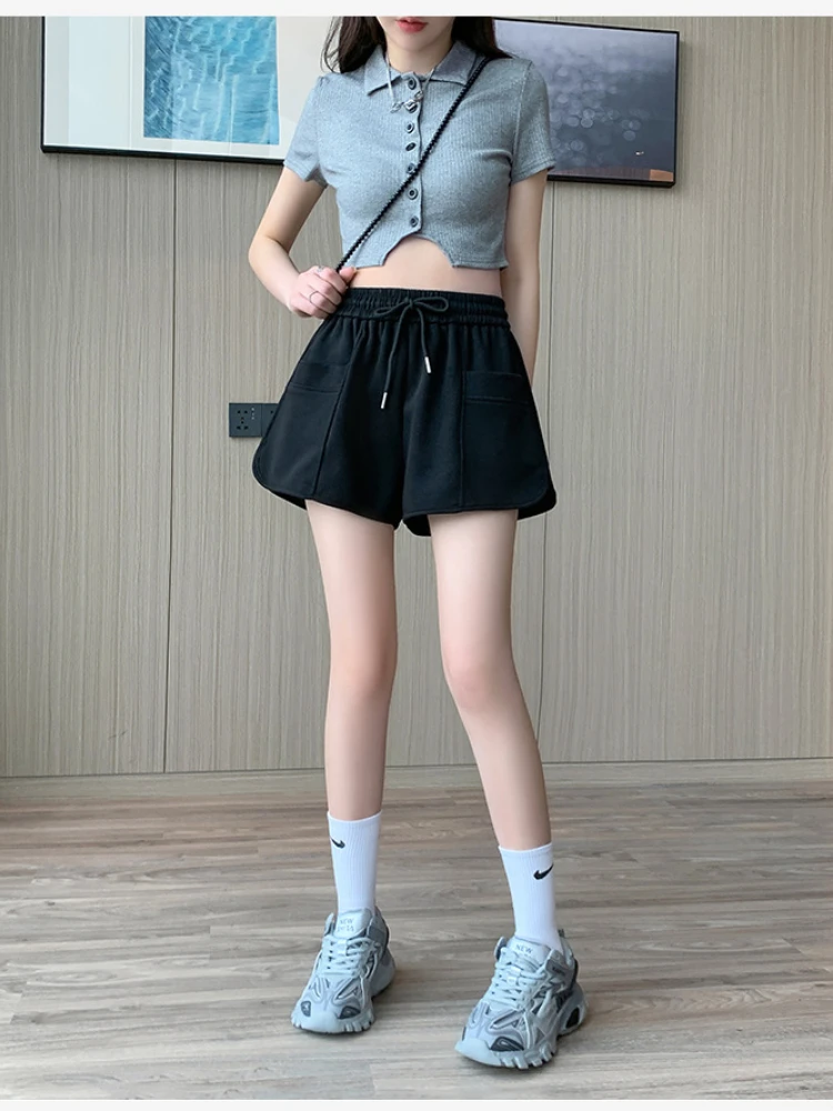 Shorts Women Drawstring High Waist Sports Shorts Summer Wide Leg Large Pocket Loose Female Shorts Korean All-match Bottoms 2023