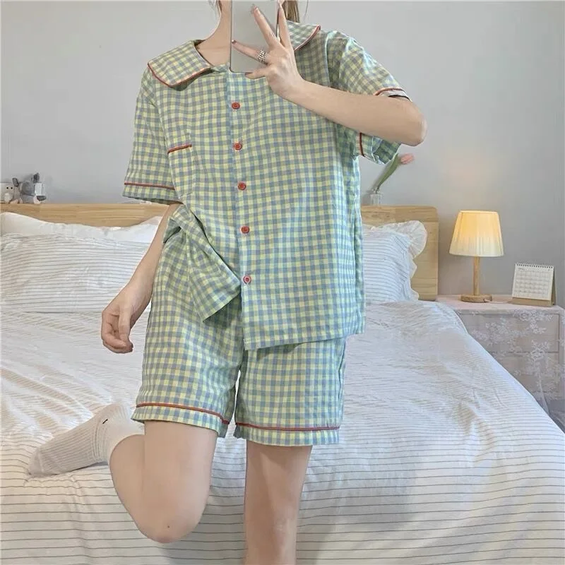 Pijama Summer Nightwear Female Short Sleeve ins cartoon cute bear pocket print Student Korean cardigan home suit