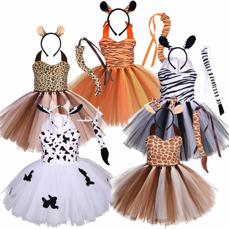 

Детский костюм для косплея с животными на Хэллоуин для девочек, темы леса, жираф, корова, тигр, леопард, Зебра, пачка с принтом Платье для дня рождения