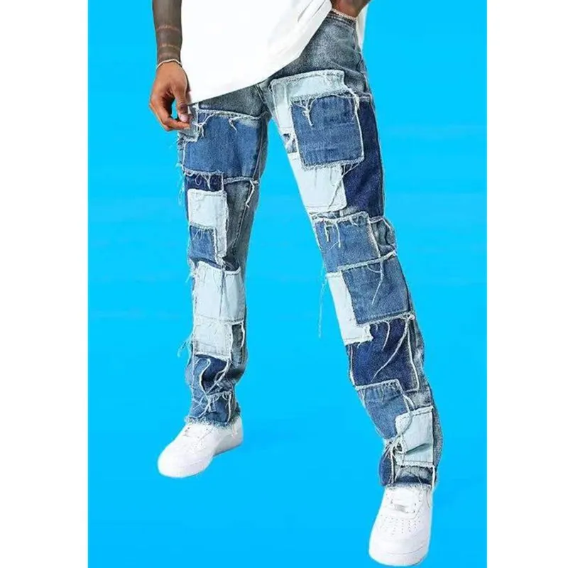 

New Streetwear Baggy Jeans Men Korean Fashion Embroidered Patchwork Loose Straight Pants Male Brand Clothing Black Light Blue