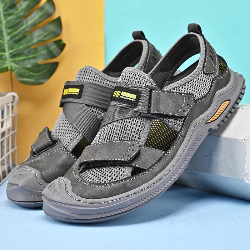 HIKEUP Summer Men Sandals Mesh Breathable Outdoor Sports Leisure Shoes Hand-Made Anti-Collision Wear-Resistant Quick-Drying