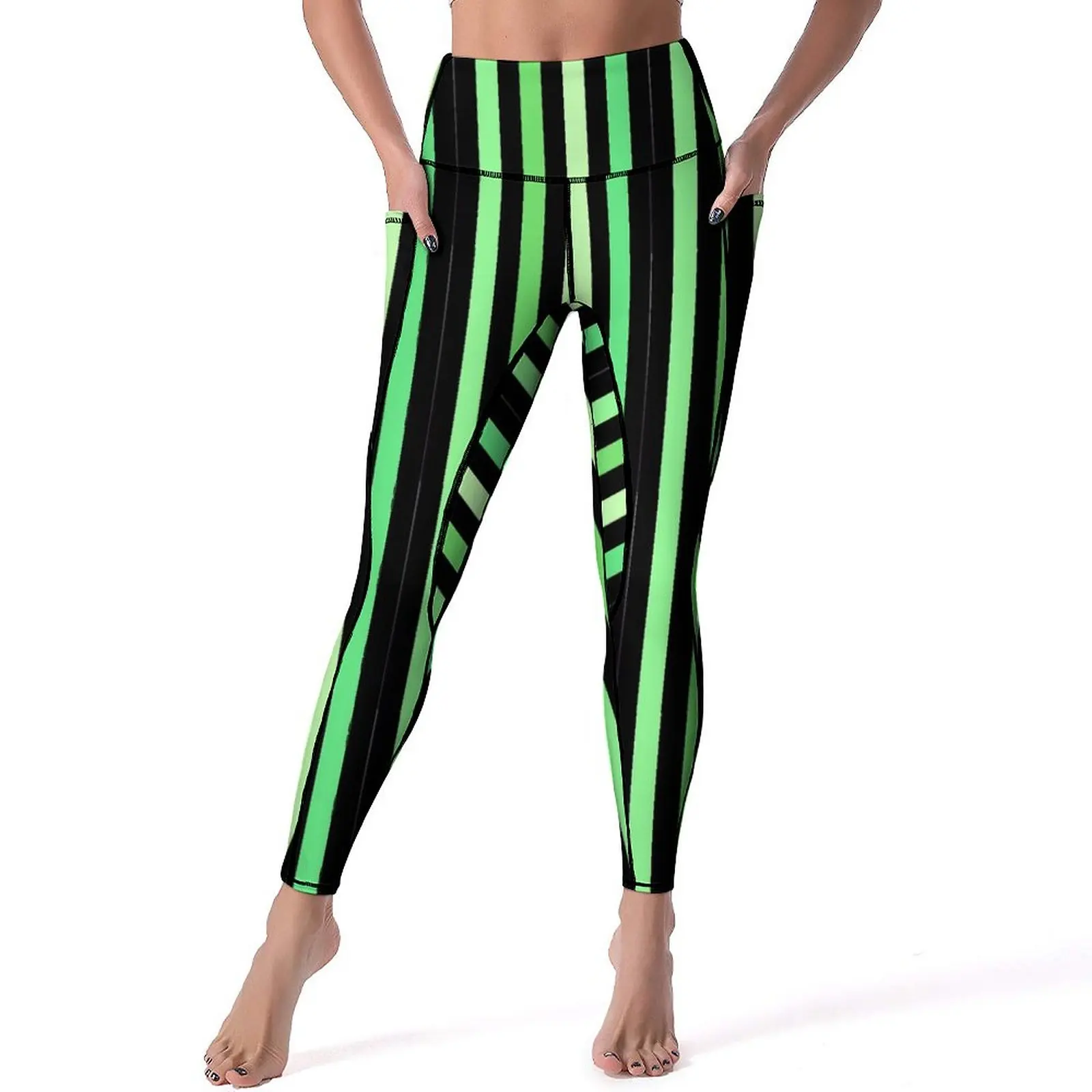 

Colorblock Print Leggings Green Stripes Push Up Yoga Pants Casual Stretch Yoga Legging Lady Graphic Work Out Sports Tights