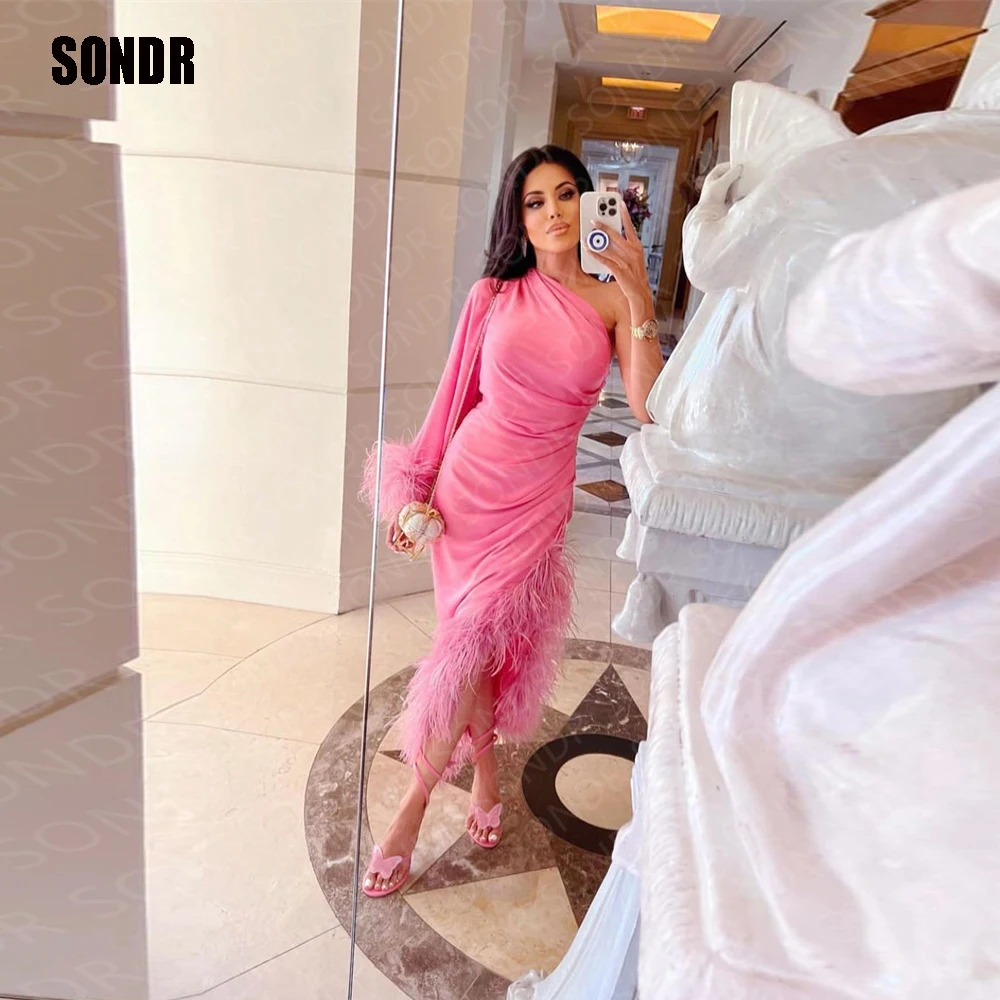 

SONDR Pink Feather Short Mini Prom Dresses One Long Sleeve Modern Tea Length Formal Occasion Club Dresses Party Gowns 2023