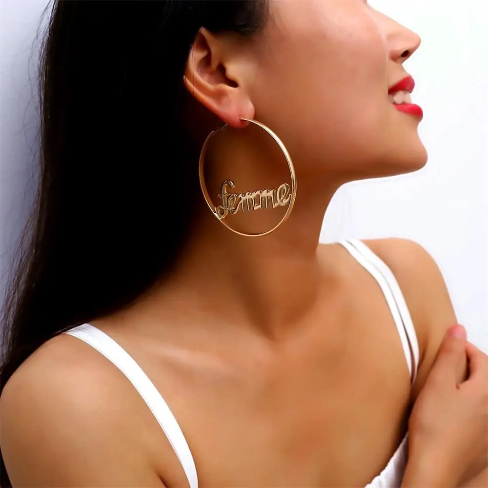 

Large Letter Women Earrings Hyperbole Baby/Femme Word Round Dangle Hoop Earrings For Fashion Simple Gold Color Hip-hop Jewelry