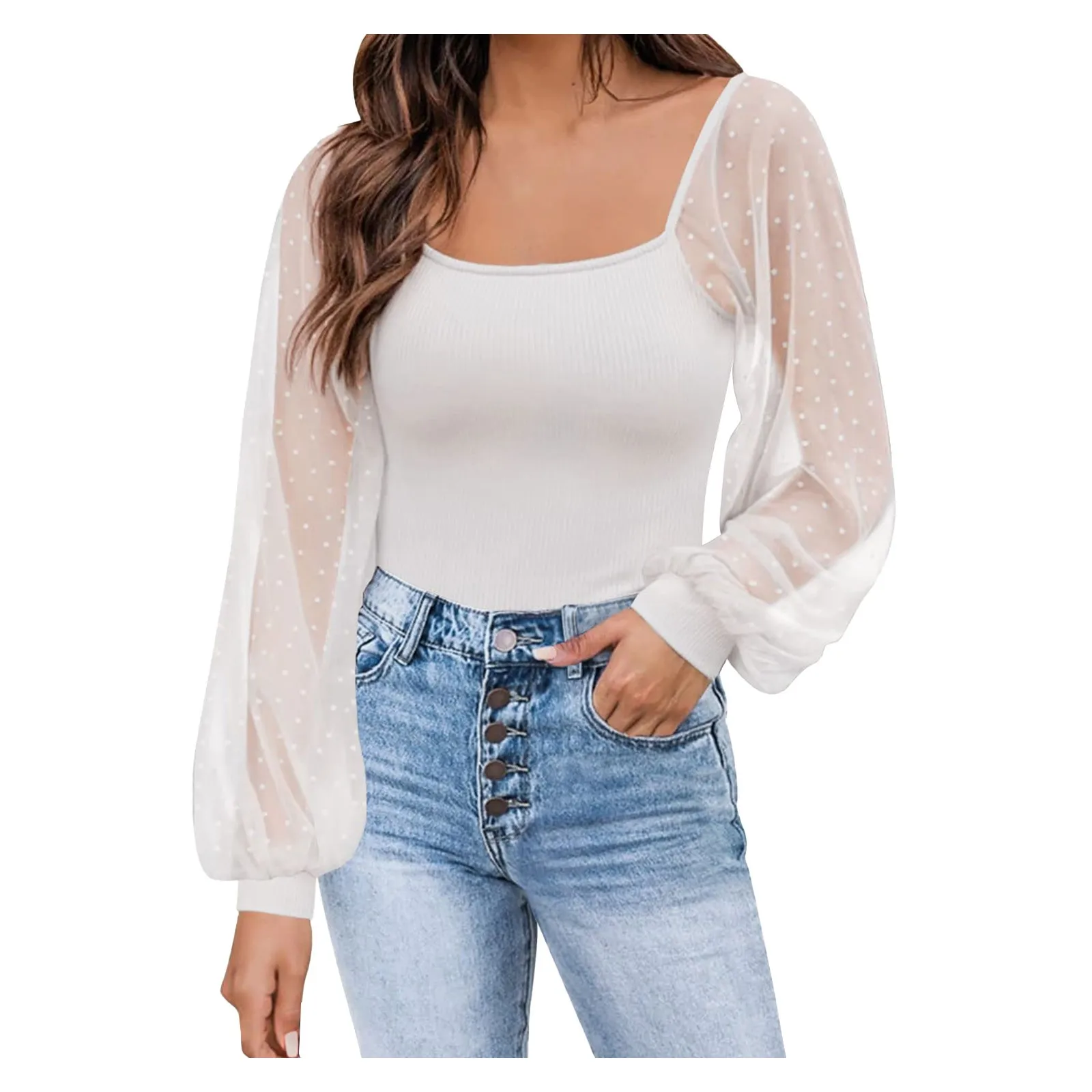 Женская шифоновая блузка в горошек с пышными рукавами |