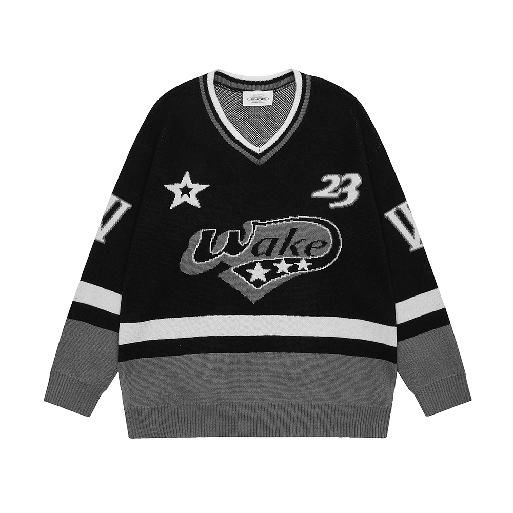 

Пуловер в стиле пэчворк для мужчин и женщин, свитер с V-образным вырезом, с надписью и звездами, винтажная мешковатая вязаная одежда оверсайз Y2k