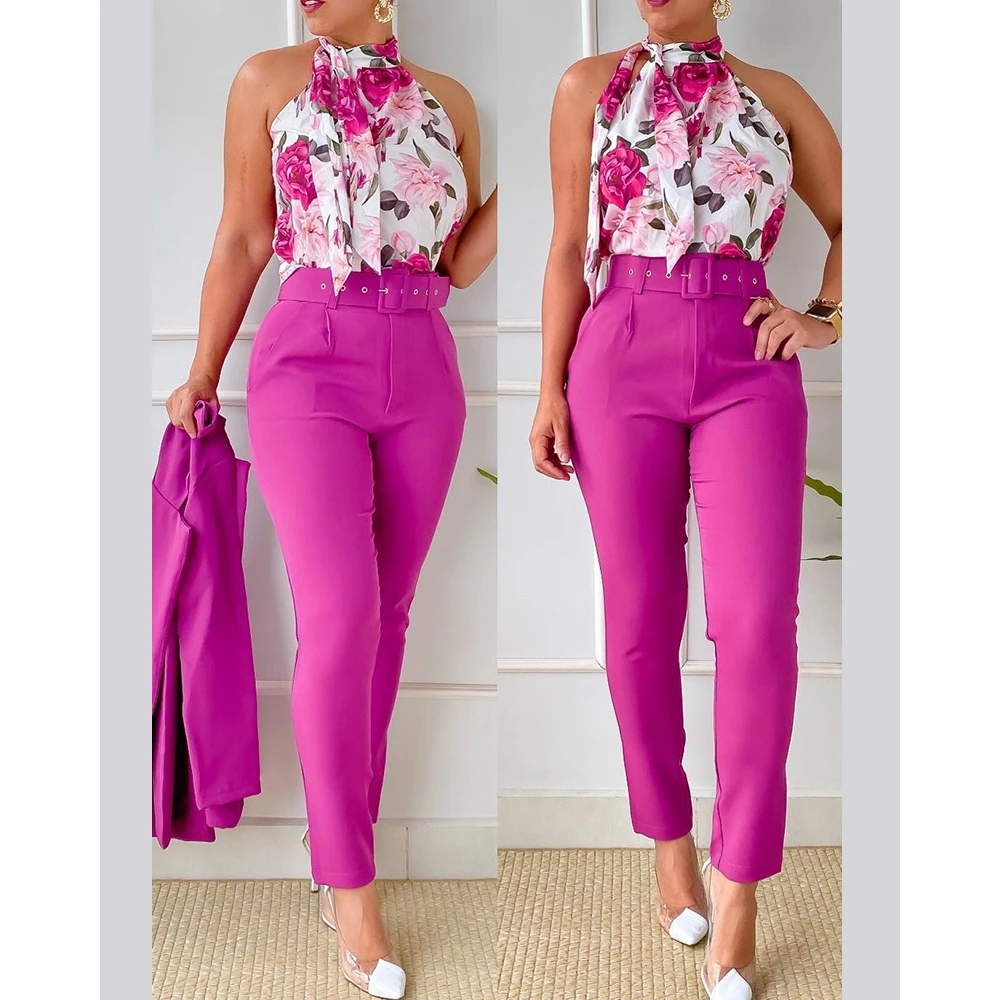 Summer Women Floral Print Halter Tank Top & High Waist Pants Set With Belt Female O-Neck Two Pieces Suit Set Workwear Outfits