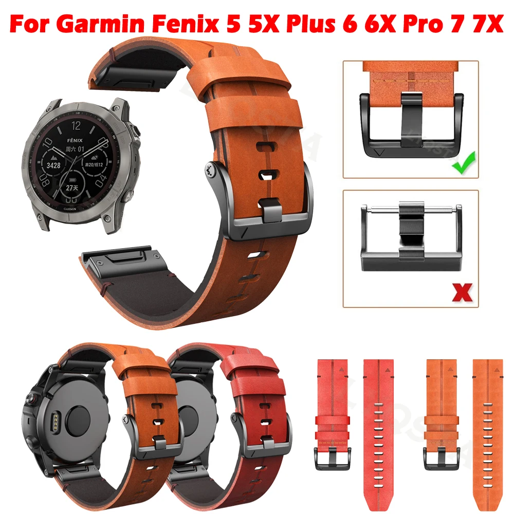 

Ремешок для часов Garmin Fenix 6X pro, 6X, 5X plus, Fenix 3, кожаный, 26 мм