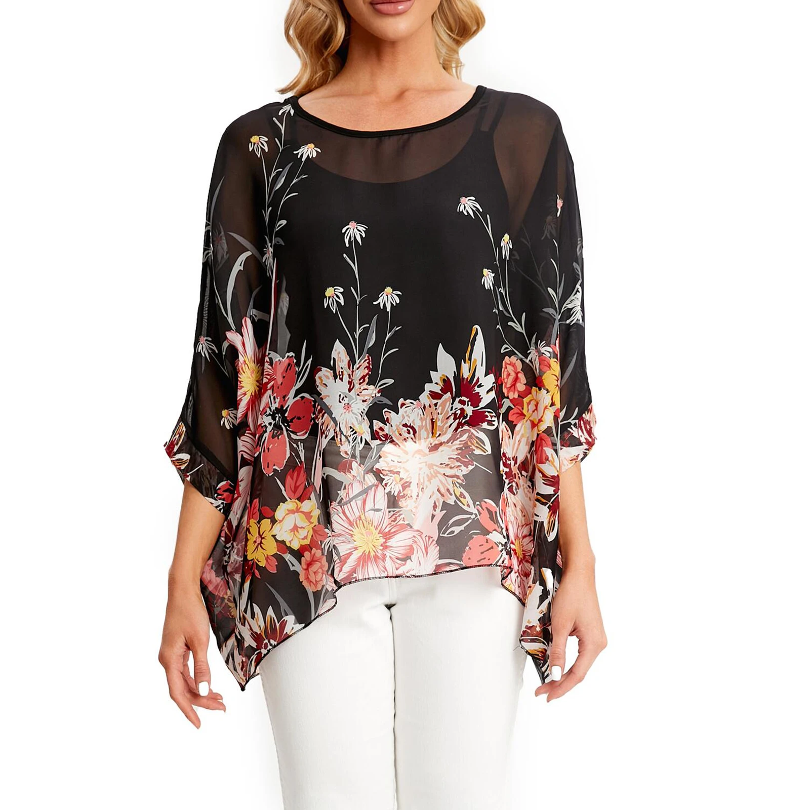 Женская шифоновая блузка с рукавами летучая мышь и принтом | Блузки