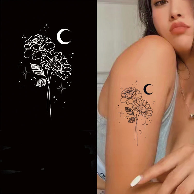 

2022 New Moonlight Lotus Art Waterproof Juice Tattoo Stickers for Woman Man Flower Moon Fake Tattoo Body Temporary Tattoo Arm