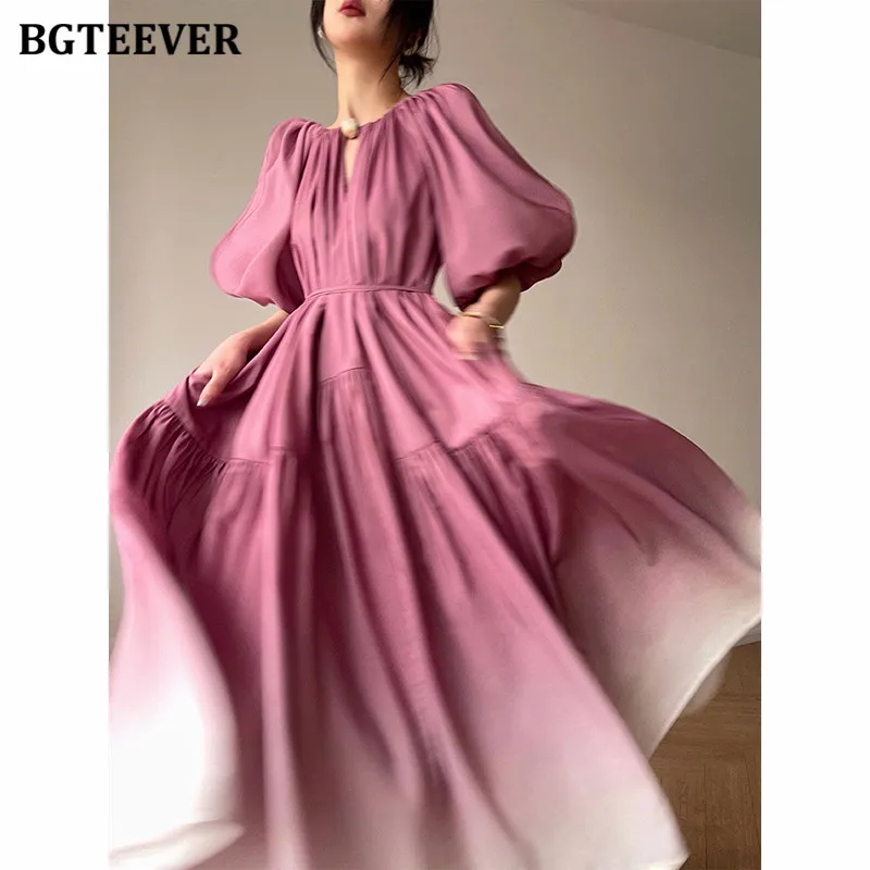 

BGTEEVER Stylish V-neck Puff Sleeve Gradient Dress for Women Summer Loose Lace-up Female A-line Dress vestidos