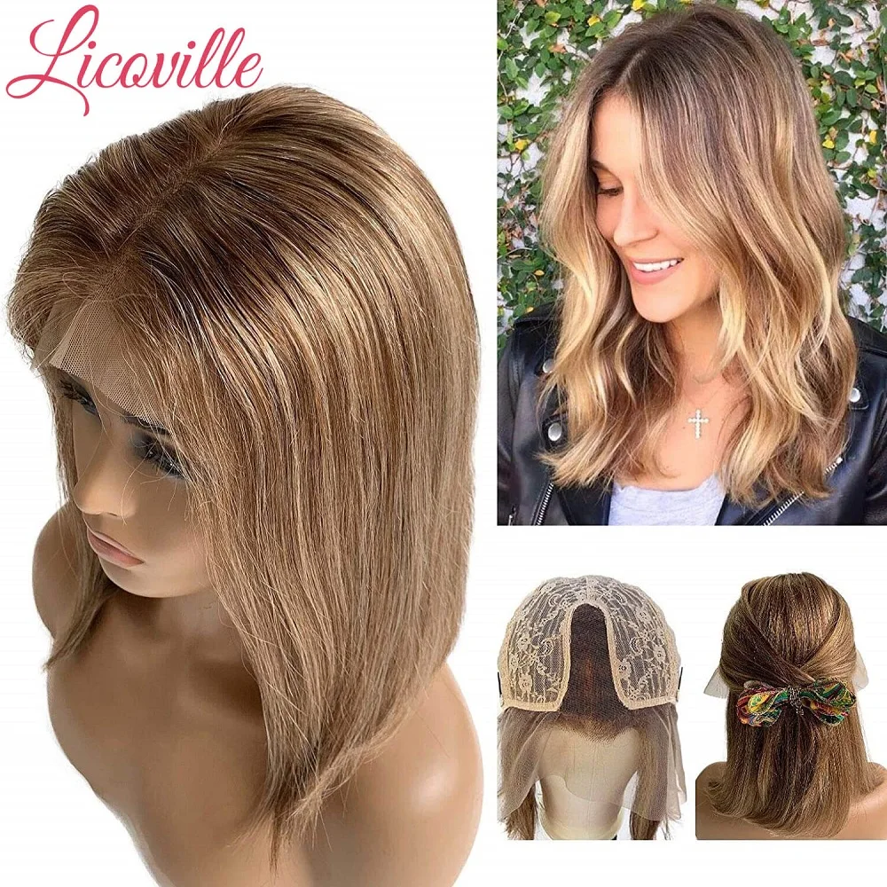 

Короткий парик с коричневым Бобом, выделяющийся парик на сетке спереди, прямые человеческие волосы с эффектом омбре 13x1 T, парики на сетке для...