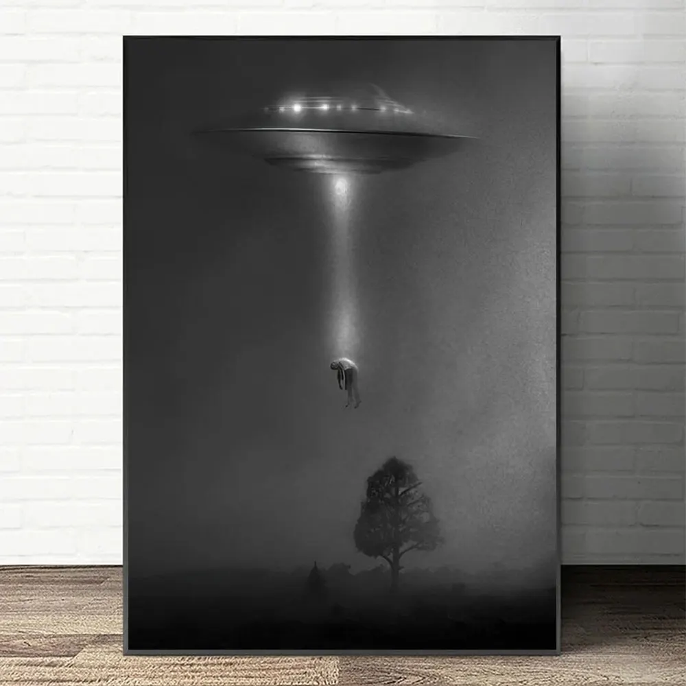 

UFO Dim Black Night Style Poster Prints Canvas Wall Painting Art Alien Flying Saucer Arrest People Weird Picture For Home Decor