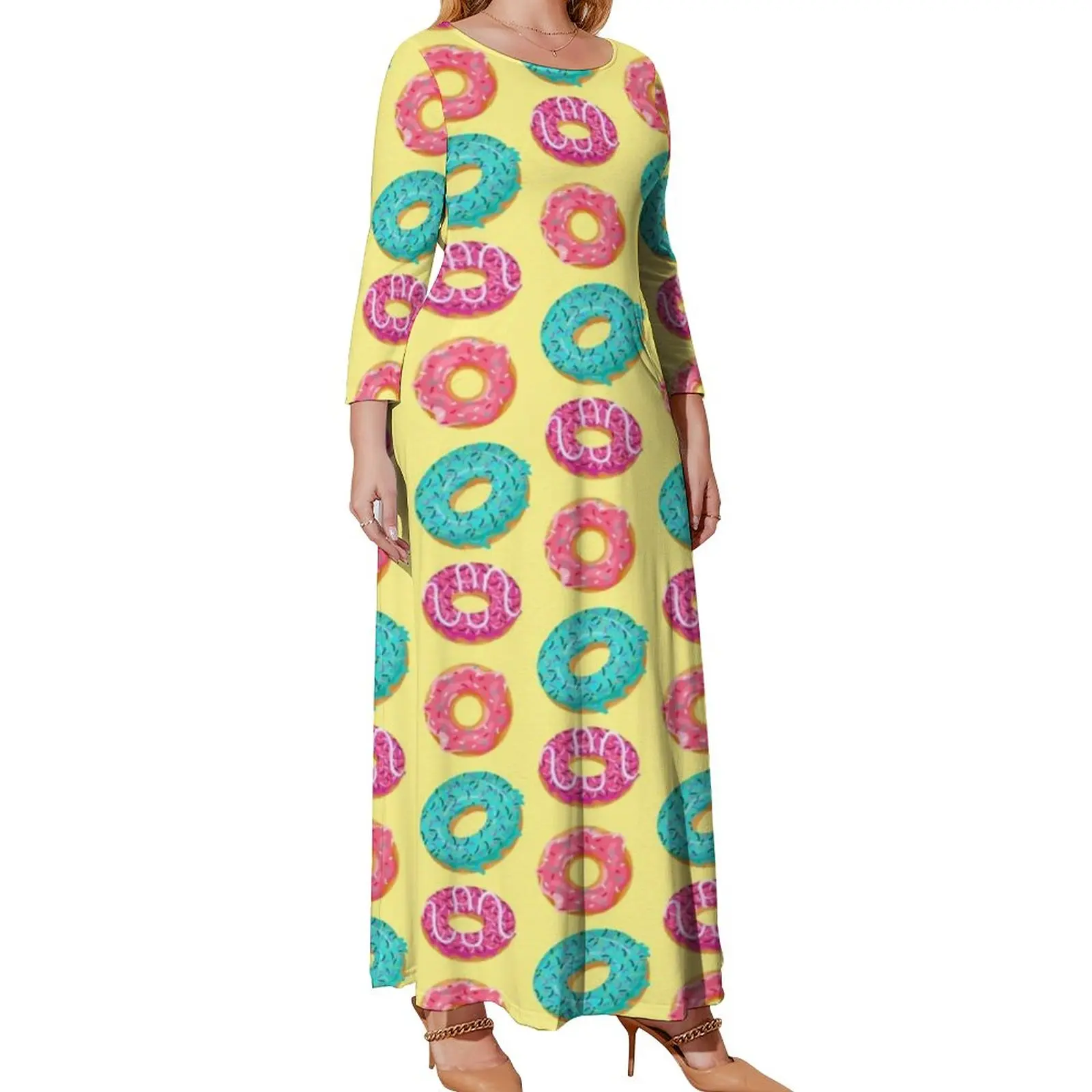 

Sprinkled Doughnut Dress Plus Size Colorful Cartoon Food Kawaii Print Maxi Dress Long Sleeve Street Wear Boho Beach Long Dresses