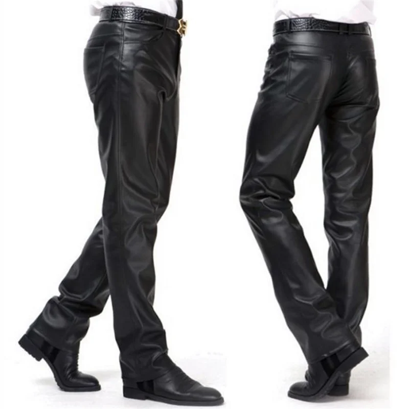 Winter motorcycle pu leather pants men feet trousers windproof thermal velvet faux leather skinny pants mens fashion black