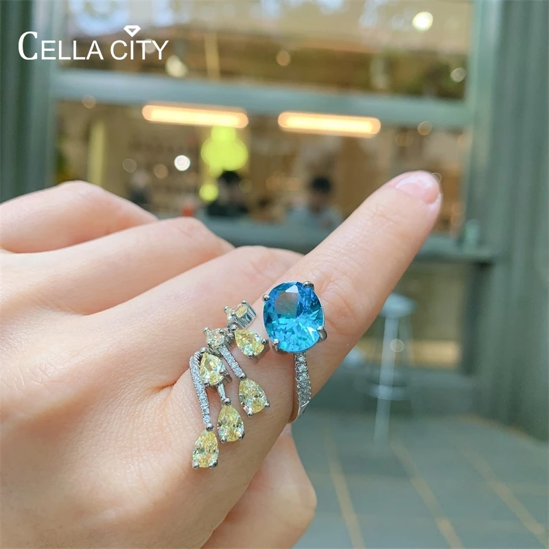

Cellacity Real 925 Sterling Silver Open Rings For Women With 10*12mm Topaz Blue Gemstones Wedding Silver Fine Jewelry Gifts