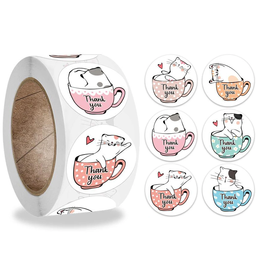 

100-500pcs Kawaii Cat Thank You Stickers Round Cartoon Animal Adhesive seal Labels for Greeting Cards Gift Decoration Stationery
