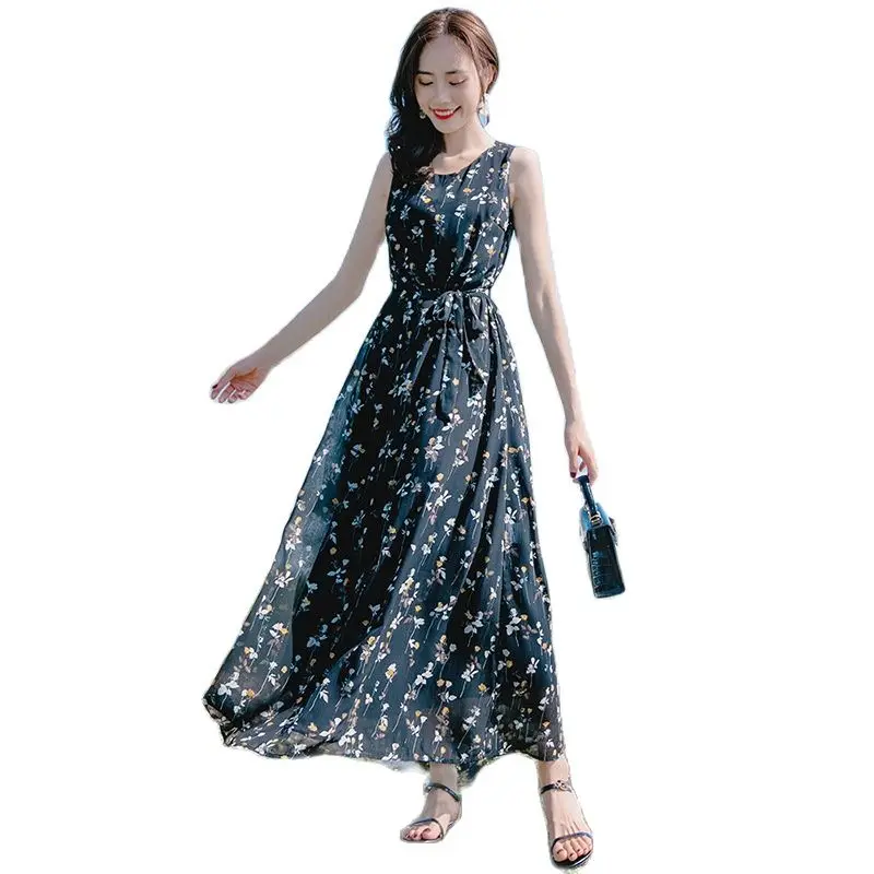 

Women's Summer Dress New Korean Sundress Black Floral Seaside Holiday Print Fashion Waist Slim Bohemian Beach Vest Long Dresses