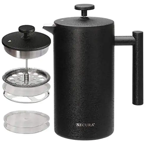 

French Press Coffee Maker, 304 Grade Stainless Steel Insulated Coffee Press with 2 Extra Screens, 34oz (1 Litre), Black