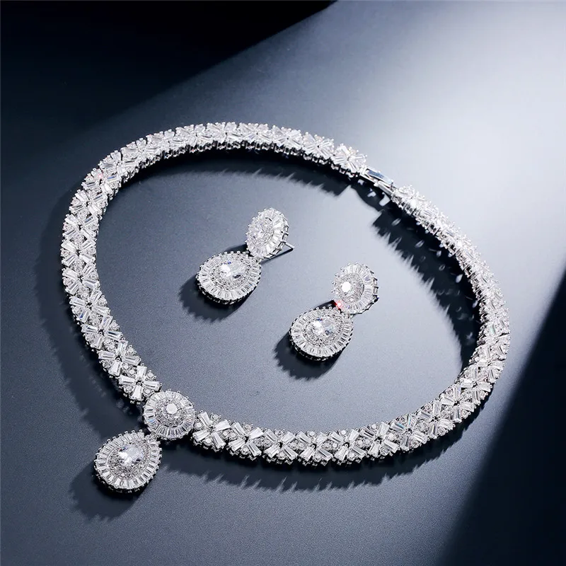 

RAKOL Luxury Charm AAA Water Drop Geometry Cubic Zirconia Pendant Necklace Earring Wedding Fashion Jewelry Sets for Women
