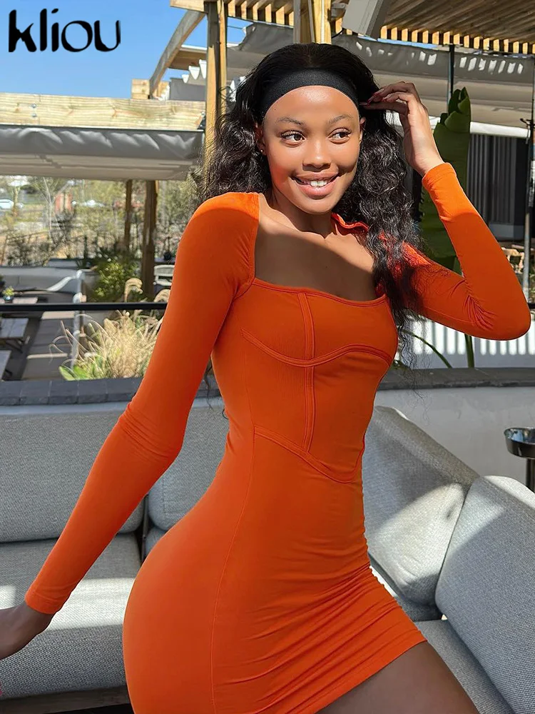 Женское классическое однотонное мини-платье Slim Fit с длинным рукавом и квадратным