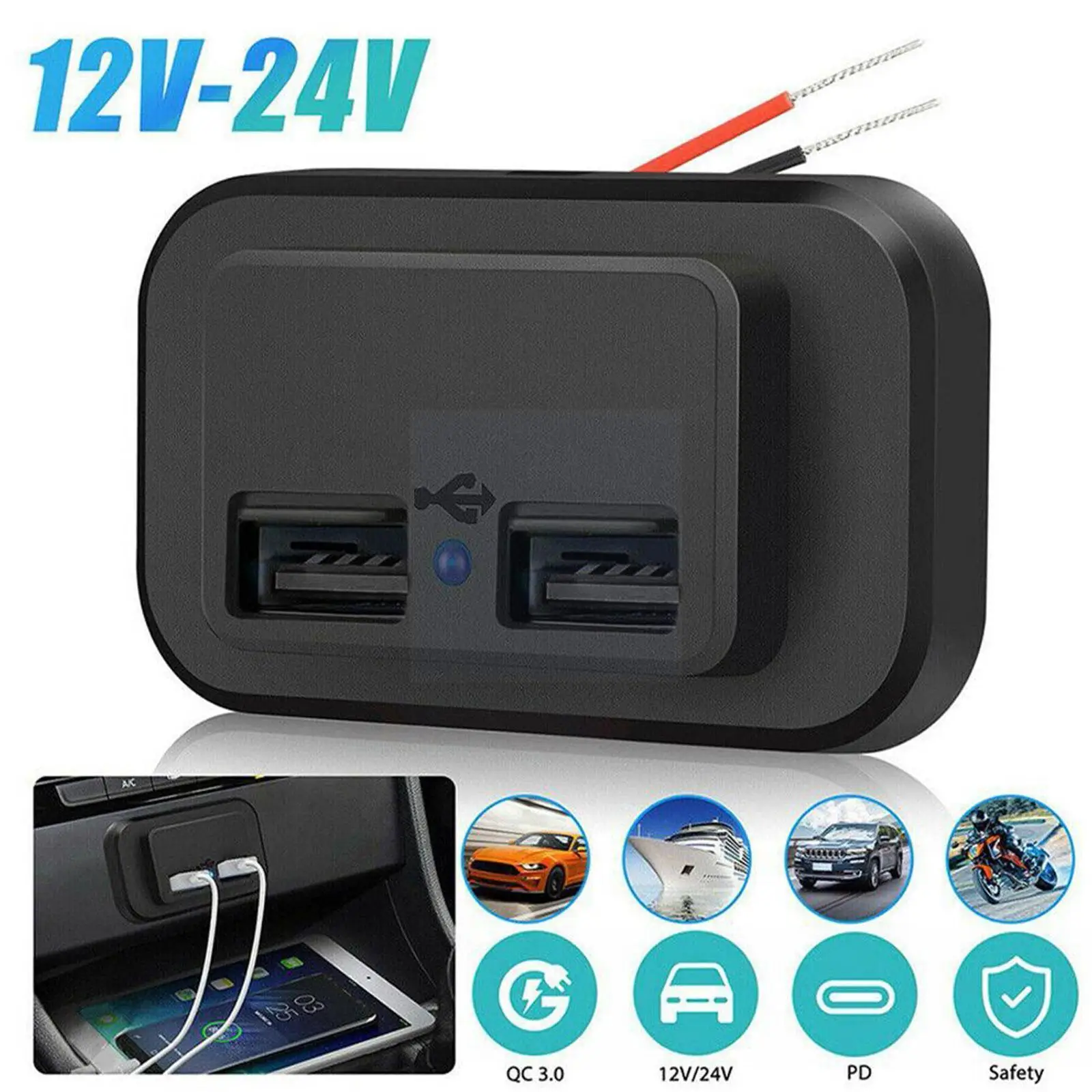 

Автомобильное зарядное устройство с двумя USB-портами, 12 В/24 В, 3,1 А, 4,8 А
