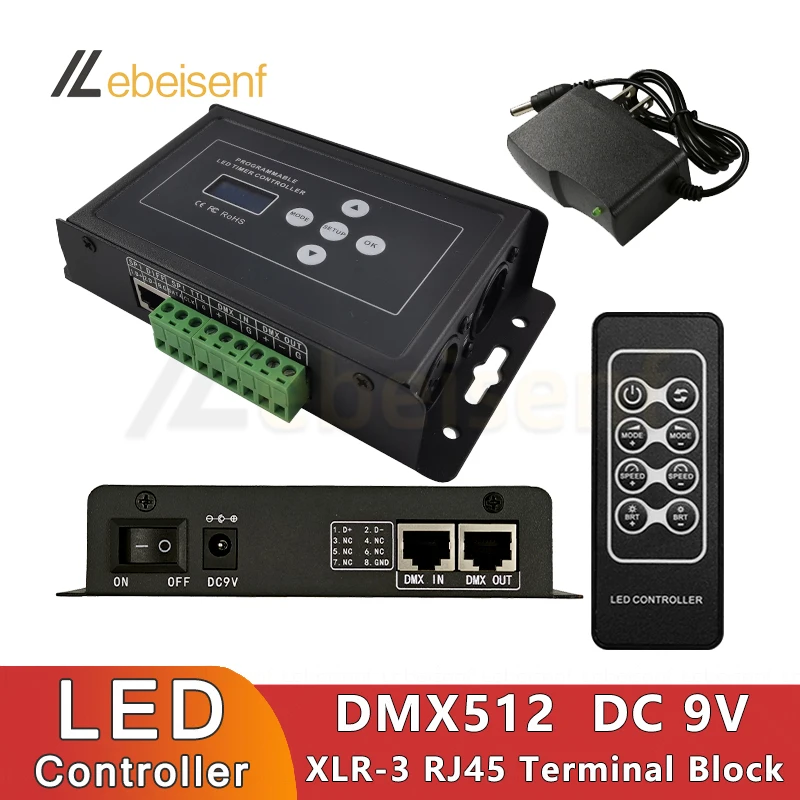 

Новинка, контроллер постоянного тока DMX512 9 в с ЖК-экраном, выход DMX512/1990, сигнал 170 пикселей, стандартный Терминал RJ45, беспроводной Радиочастотный пульт дистанционного управления