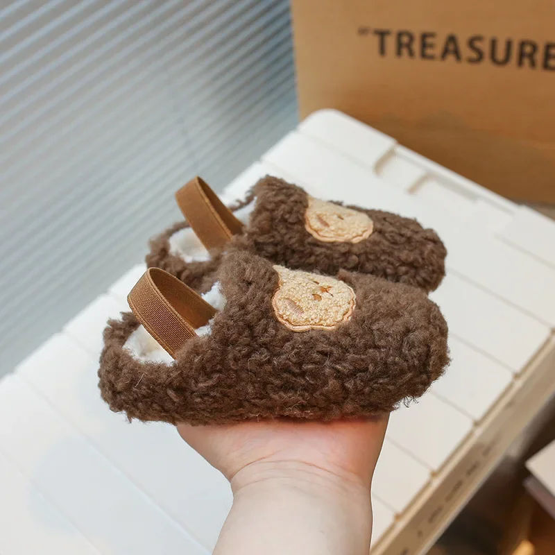 Детские меховые тапочки в Корейском стиле модная теплая обувь с круглым носком