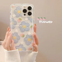 soft clear wavy blue flower strawberry cute back case for iphone 13 pro max 11 12 mini x xs xr 7 8 plus xs max shockproof cover