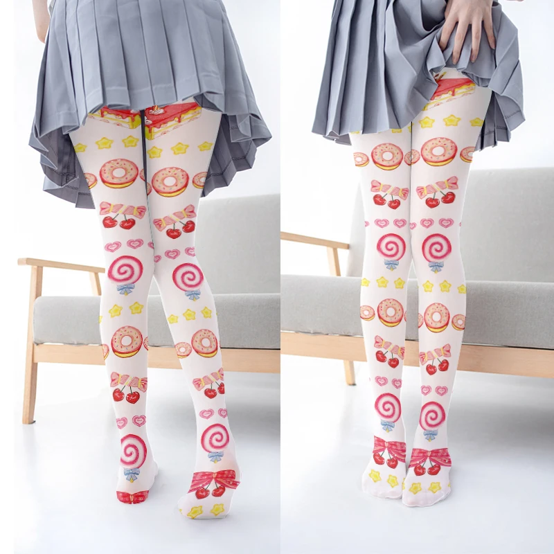Ultra Thin Sexy Ladies Pantyhose Stockings Strawberry Donut Bow Print Kawaii Pink Leggings Fashion Soft High Quality Tights
