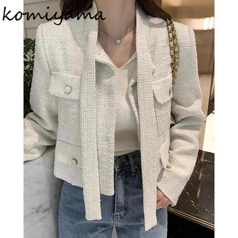 Женская твидовая однобортная куртка с длинным рукавом и лентами