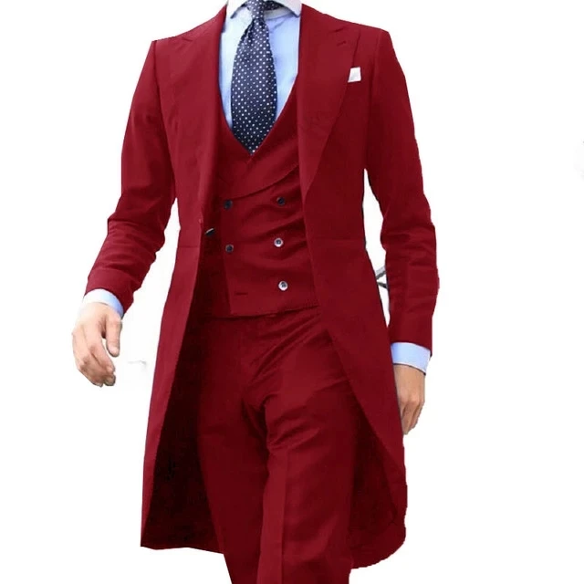 2021 New Arrivel Long Coat Designs Chinese Red Men Suit Gentle mens Tuxedo Prom Blazer Custom 3 Pieces (Jacket+vest+Pants)