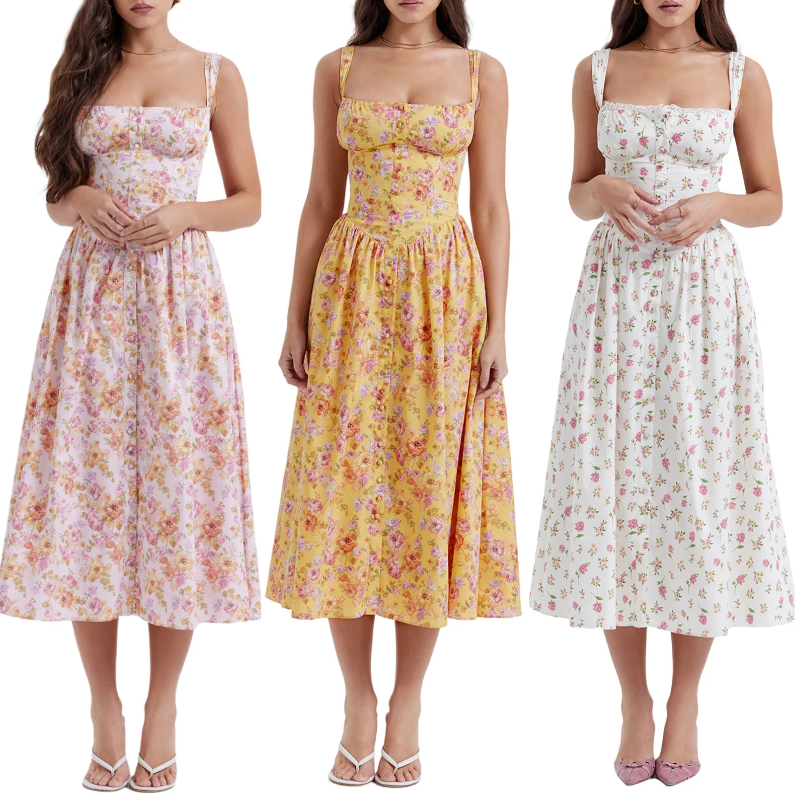 

Summer Women's Elegant Midi Dress Sleeveless Floral Print Button Down Flowy A-Line Tank Dress
