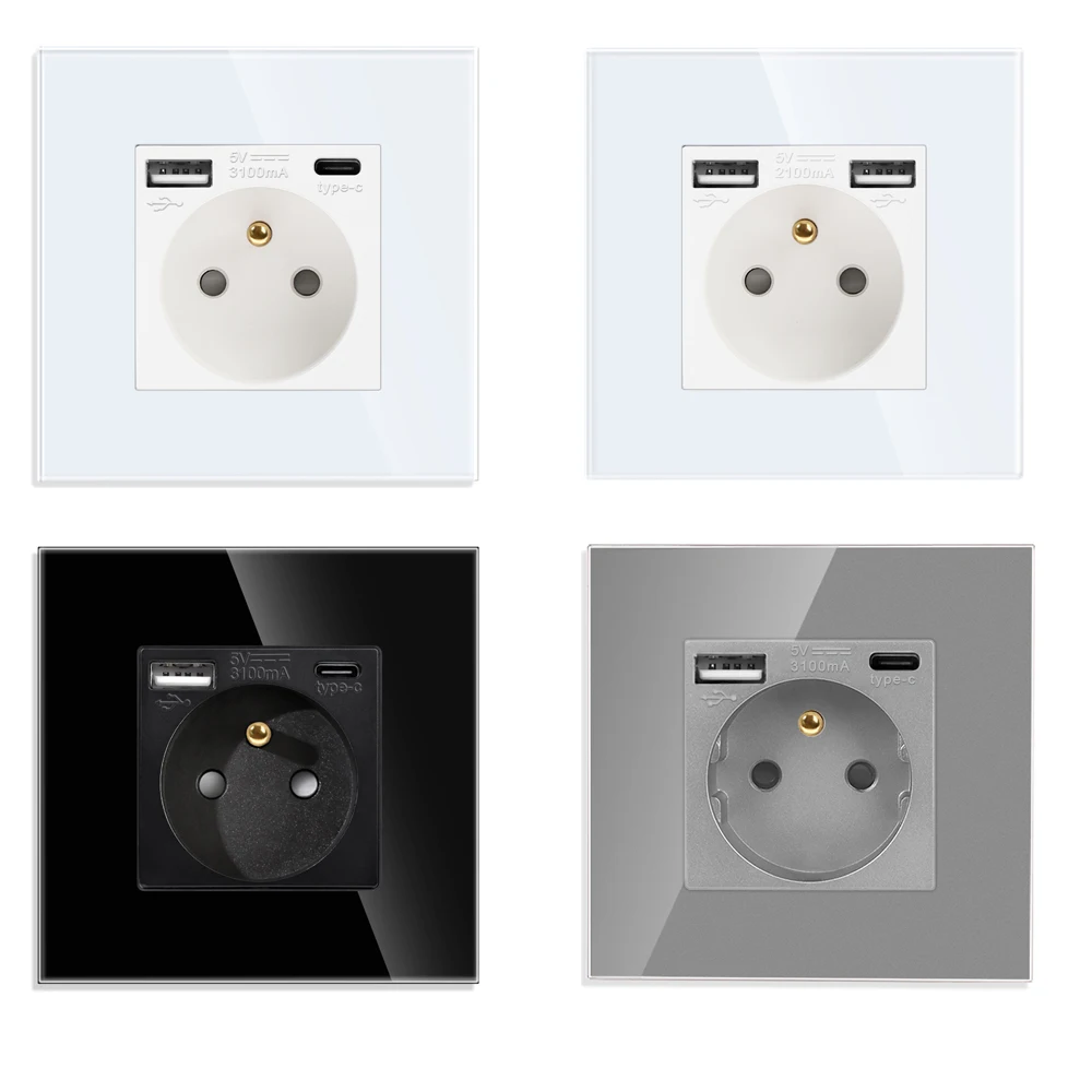 French Standard Tempered Glass Panel Wall Socket With Usb 5V 3100mA Type C Power Plug Electrical Outlet AC110-250V 16A