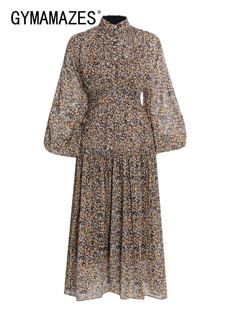 

GYMAMAZES Vintage Print Dress For Women V Neck Loose Lantern Sleeve High Waist Long Dresses Female 2022 Fashion Clothing Style
