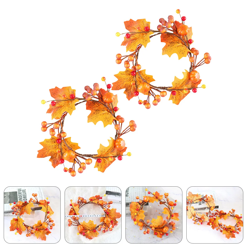 

2 Pcs Maple Pumpkin Wreath Simulation Dinner Table Decor Thanksgiving Leaf Artificial Flower Garland Fake Prop Mini Party