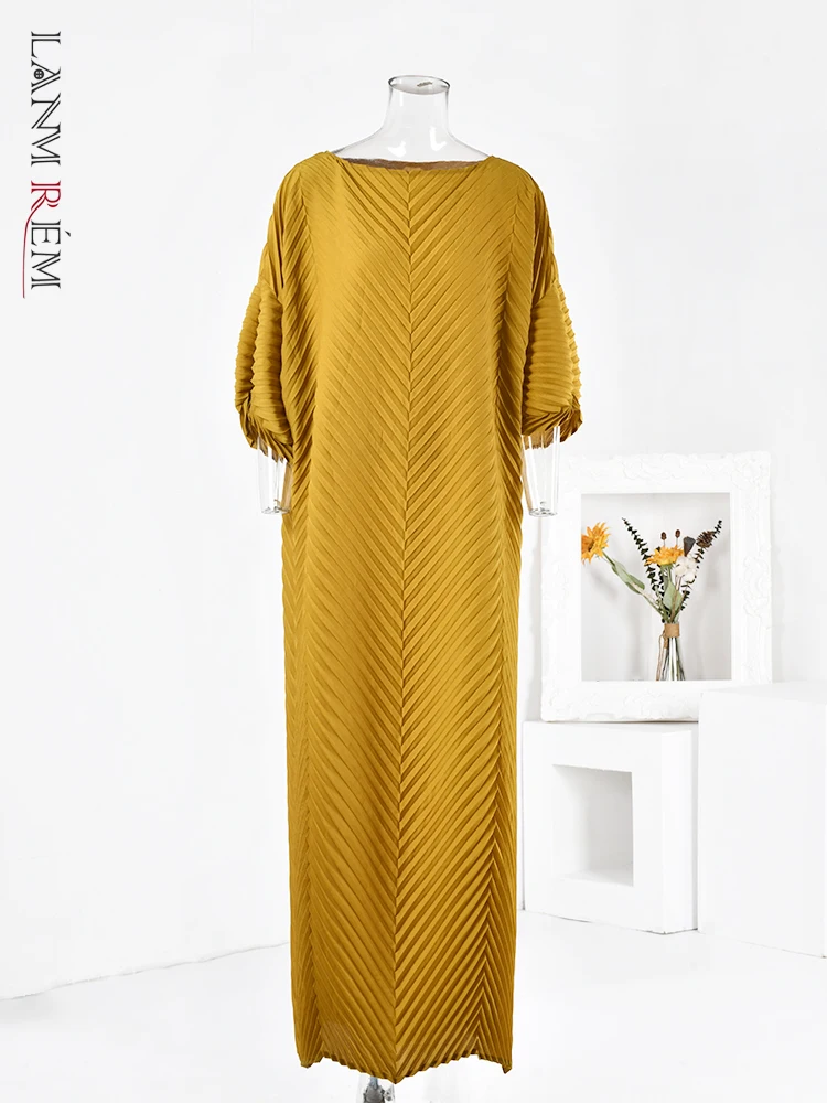 

LANMREM Maxi Pleated Dress Round Neck Long Sleeves Solid Color Fold Luxury Dresses Fashion Party 2023 Autumn Clothing 2AAa1410