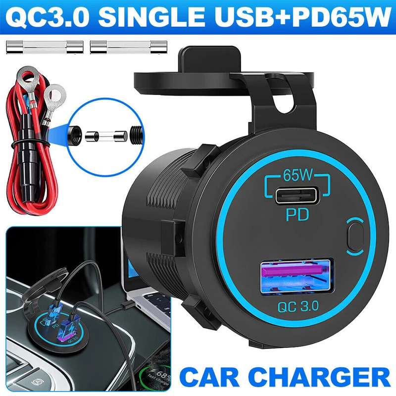 

PD USB Laptop Car Fast Charger 18W QC3.0 USB Outlet Socket Waterproof With Power Switch LED For RV Car Boat 65W 12V 24V