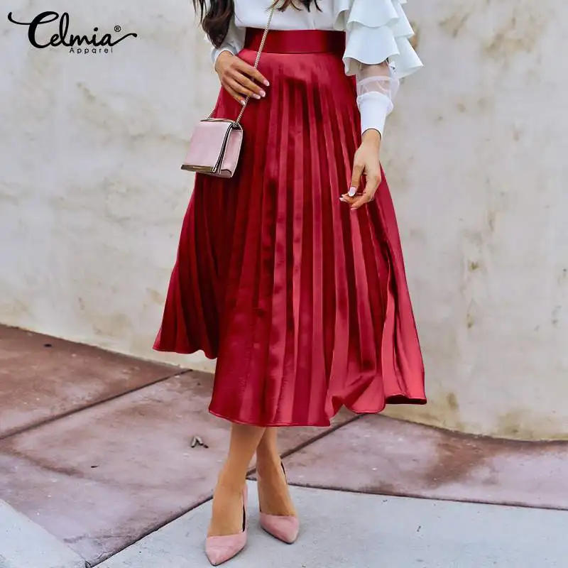 

Элегантная плиссированная юбка миди с высокой талией Celmia, модные женские атласные юбки, весна-лето 2022, Повседневная трапециевидная юбка, ул...
