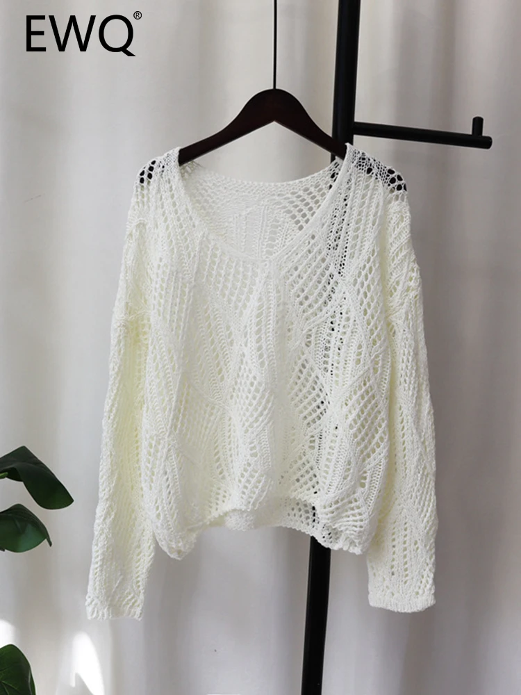 

EWQ Leisure Solid 6color Hollow Out Long-sleeve V-neck Knitted Loose Sweet Chic Women's Pullover Sweater Autumn 2023 New SN2974