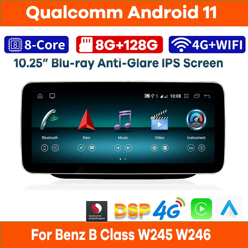 

10.25" Qualcomm 4G+64G Android 11 Car Video Player GPS for Mercedes Benz B Class B180 W245 W246 CarPlay Stereo Screen Headunit