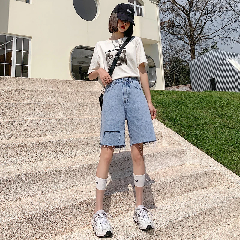 Live shot jeans women's shorts Baby blue summer thin new panties loose straight hole five points