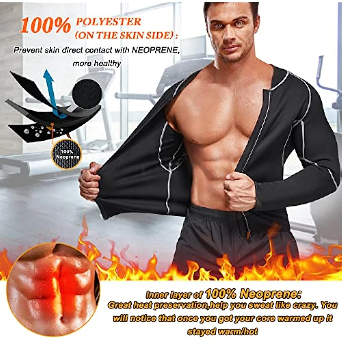 Men Sweat Neoprene Weight Loss Sauna Suit Workout Shirt Body Shaper Fitness Jacket Top Shapewear Long Sleeve Compression Shirts