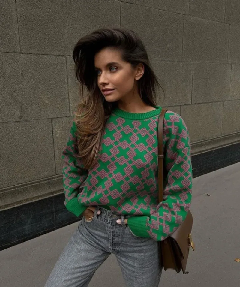 

2022 spring new women's sweater pullover round neck long sleeve geometric pattern fashion sweater