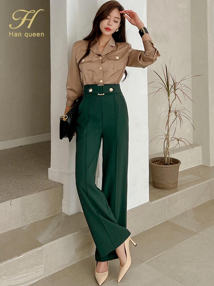 H Han Queen Autumn New Occupation 2-Piece Suits Women Elegant Long Sleeve Shirts Top & Simple High Waist Pants Korean Casual Set