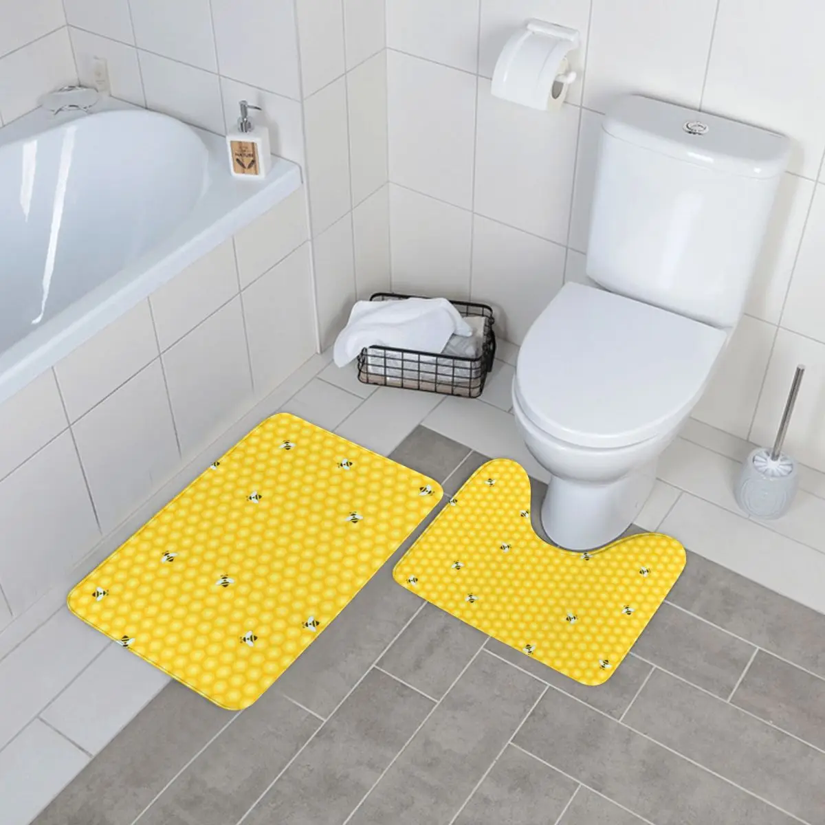 

Bumble Bees Bath Mat Yellow Honeycomb 2 Pieces Washable Shower Bathroom Mat Set Modern Polyester Bathroom Rug