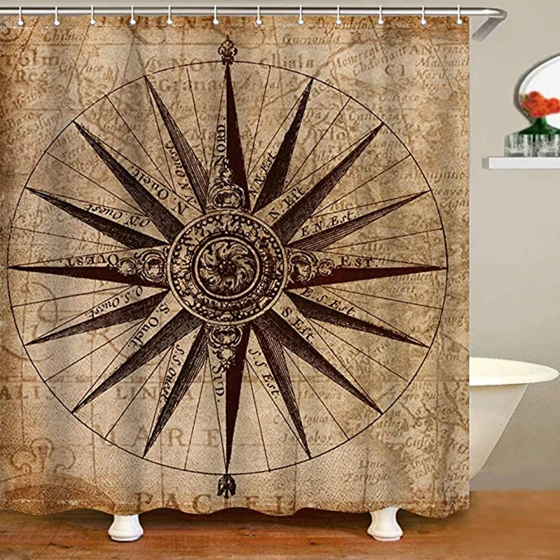 

Nautical Shower Curtain Navy Sea Life Yacht Theme Colored Wood Backdrop Rudder Compass Marine Image Fabric Bathroom Decor Set