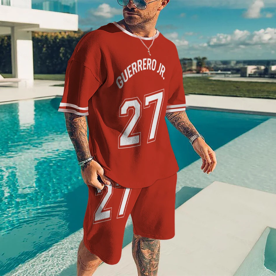 Summer Men's Casual Beach Shorts Set 3D Printed Color Digital Striped Crew Neck Street Short Sleeve Large Size Two-piece Set