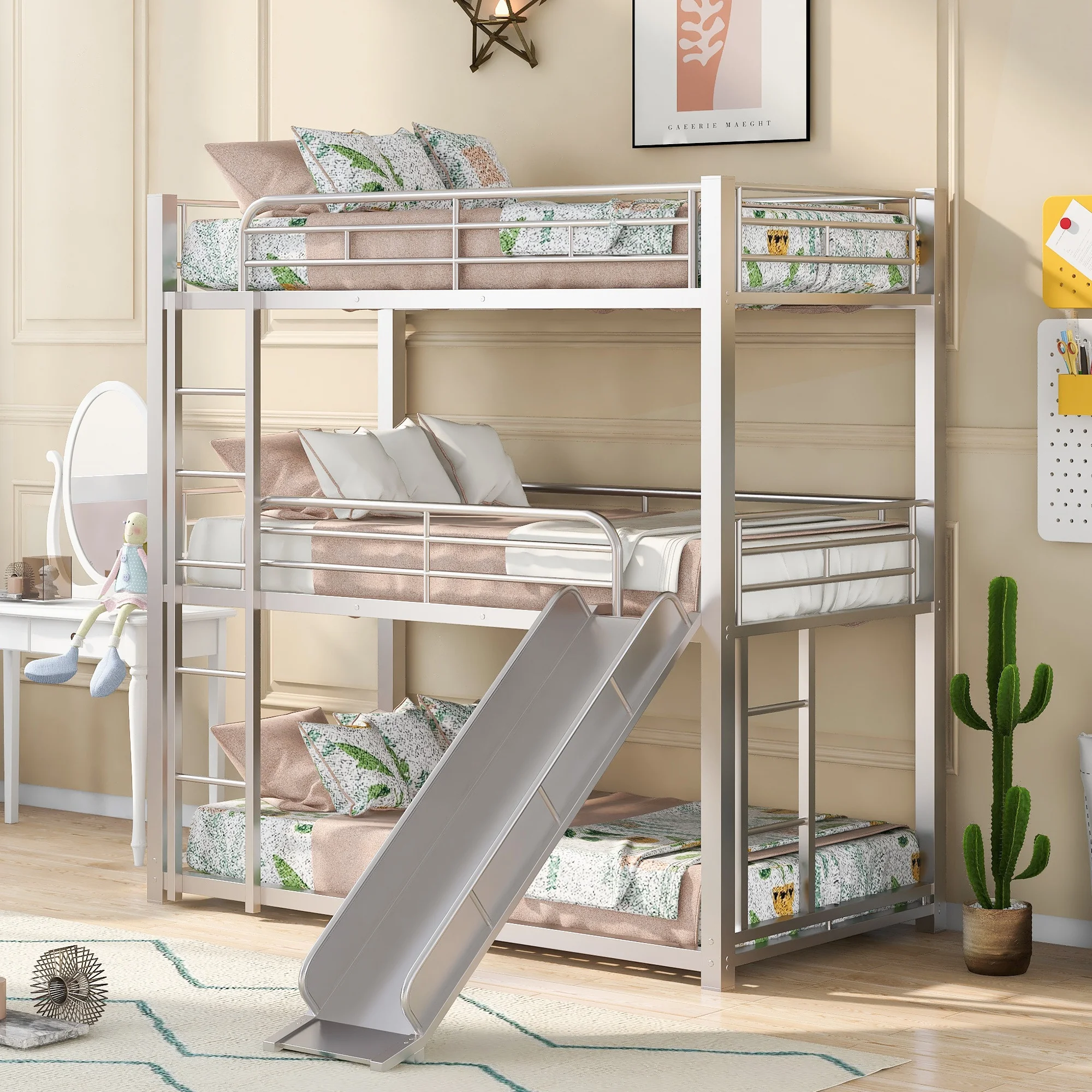

Home Modern Wooden Furniture Bedroom Furniture Beds Frames Base Twin Size Triple Bunk Bed With Built-in Long Ladder Slide Silver