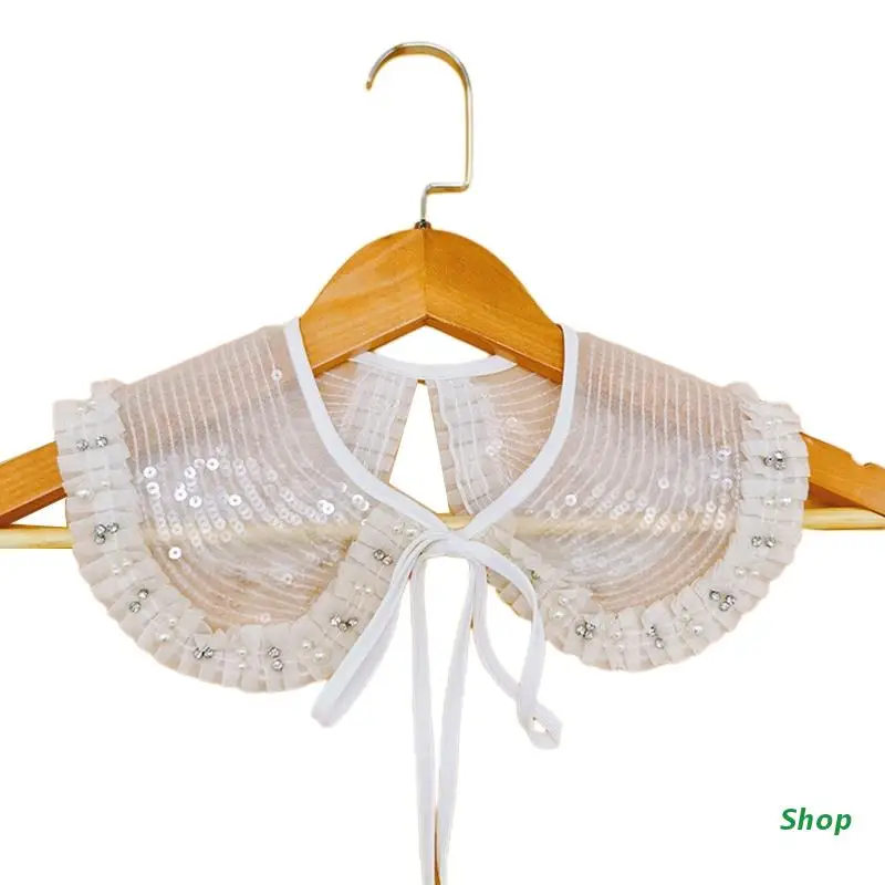 

L5YC Women Beads Half Shirt Detachable Collar Sheer Shawl Dickey Lace-Up Bowknot Female Scarf Capelet for Girls Ladies